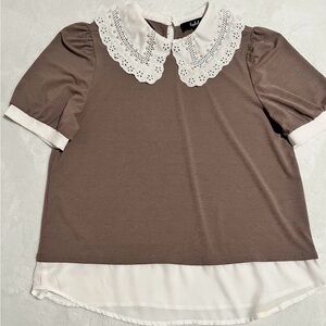 Chic Brown Blouse with Lace Collar and Pearls